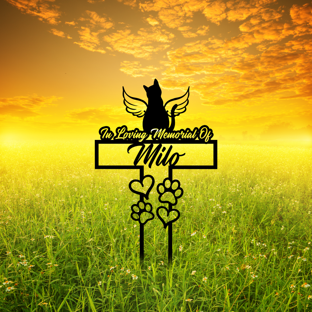 Custom Angel Cat Memorial Cross Sign With Stake, Cat With Wings Cross Metal Yard Sign, Custom Cat Metal Grave Markers, Pet Loss Remembrance Stake