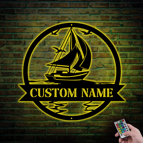 Custom Name Sailboat Metal Wall Art Led Lights, Personalized Sailboat Metal Name Sign Home Decor, Sailboat Beach House Metal Led Sign Home Decor