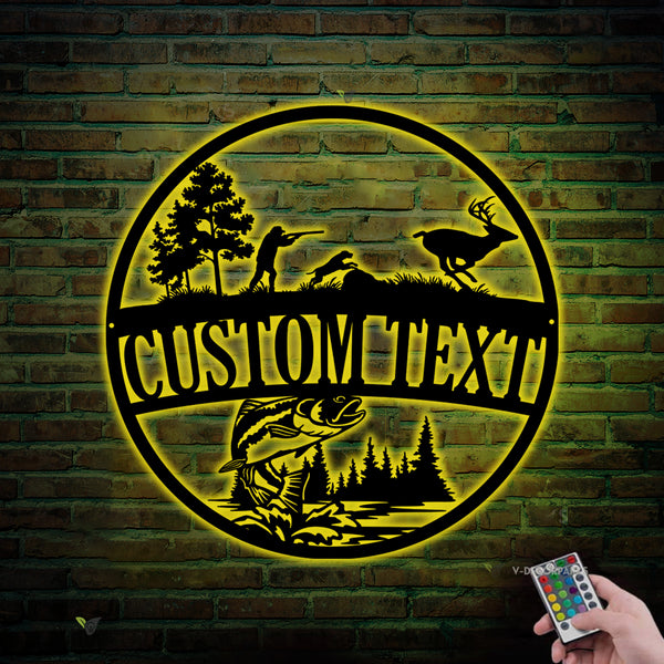 Custom Outdoor Hunting Scene Metal Wall Art Led Lights, Personalized Hunter Metal Name Sign, Rustic Hunting Lodge Metal Signs Cabin Decor