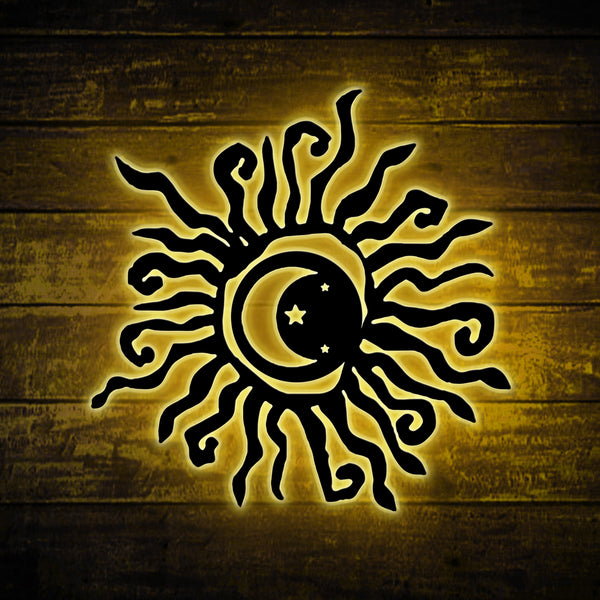 The Wacky Sun And Moon Metal Sign With Led Lights, Wacky Sun Metal Wall Art Home Decor, Sun With Moon And Stars Metal Wall Hanging Sign