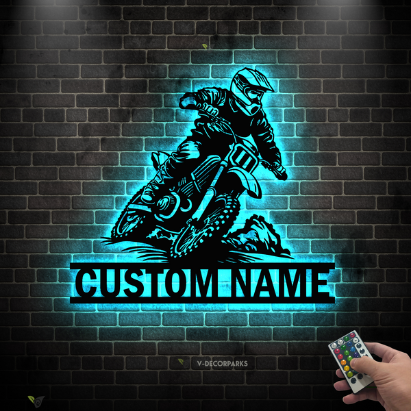 Custom Motocross Dirt Bike Metal Wall Art Led Light, Personalized Motocross Biker Metal Name Sign, Motorcycle Rider Metal Sign Wall Hanging Decor