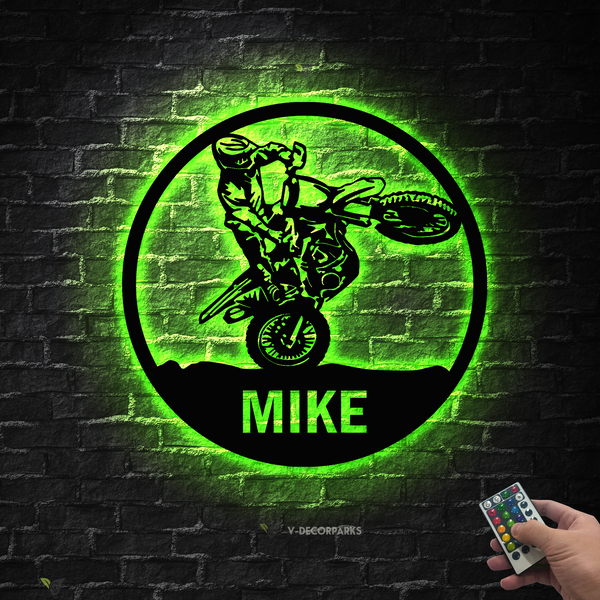 Personalized Dirt Bike Metal Name Sign With Led Lights, Custom Motocross Biker Metal Wall Art, Motorcycle Rider Metal Sign Garage Man Cave Decor