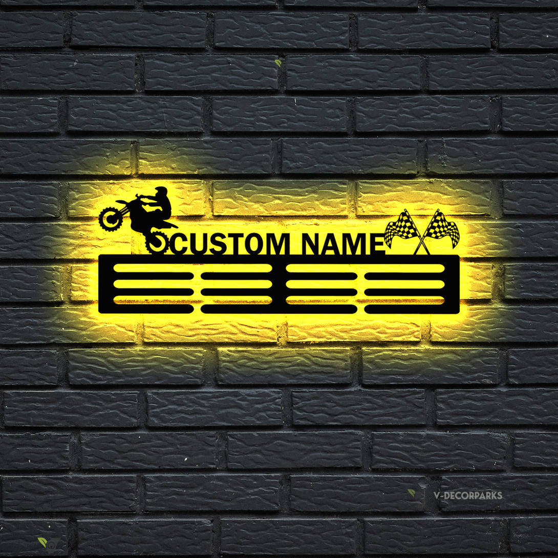 Custom Name Motocross Medal Hanger With Led Lights, Dirt Bike Sports Medal Holder Sign, Dirt Bike Racing Display Rack For Awards Ribbons
