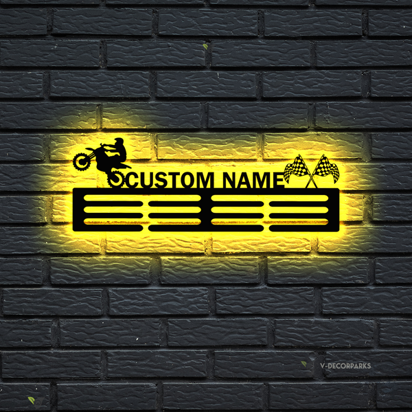 Custom Name Motocross Medal Hanger With Led Lights, Dirt Bike Sports Medal Holder Sign, Dirt Bike Racing Display Rack For Awards Ribbons