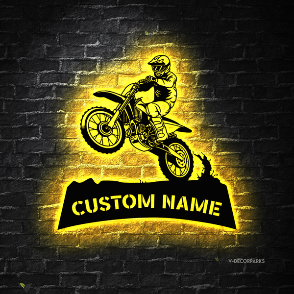 Personalized Dirt Bike Metal Sign With Led Light, Custom Name Motocross Rider Metal Name Sign, Motorcycle Biker Metal Art Garage Man Cave Decor