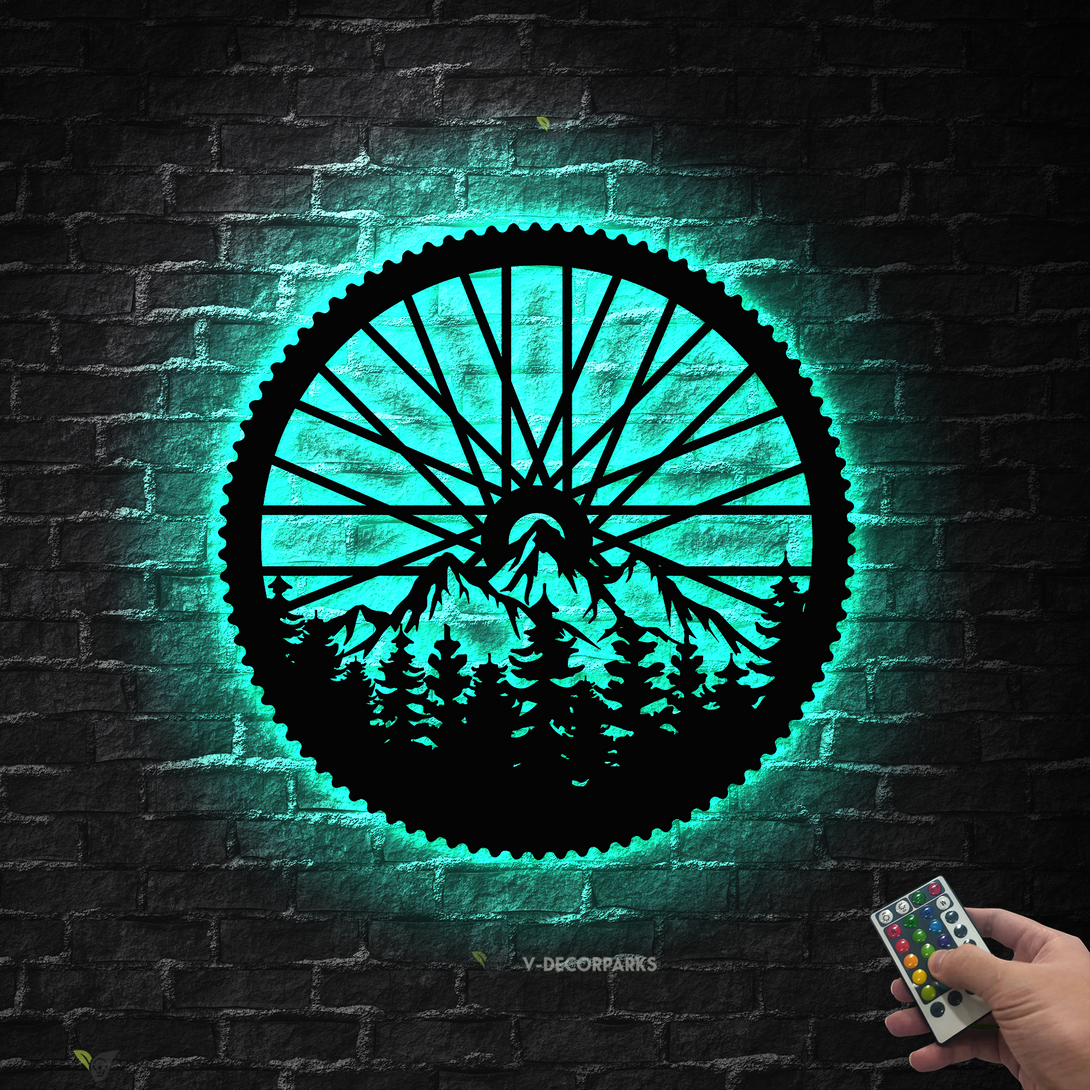 Bicycle Wheel Mountain Forest Metal Wall Art Led Lights, Mountain Bike Wheel Metal Wall Art, Cycling Metal Wall Hangings, Bicycle Lover Gift
