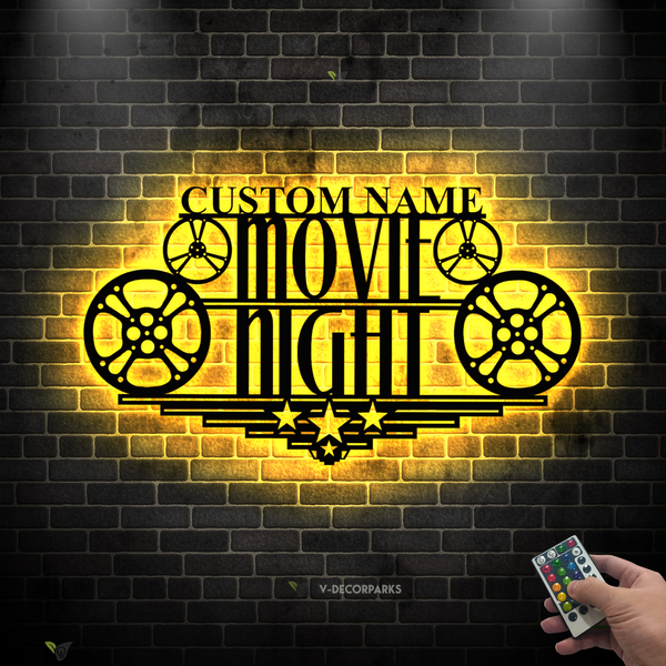 Custom Home Cinema Metal Sign Led Lights, Personalized Family Name Movie Theatre Metal Sign, Home Theatre Movie Room Metal Wall Art Decor