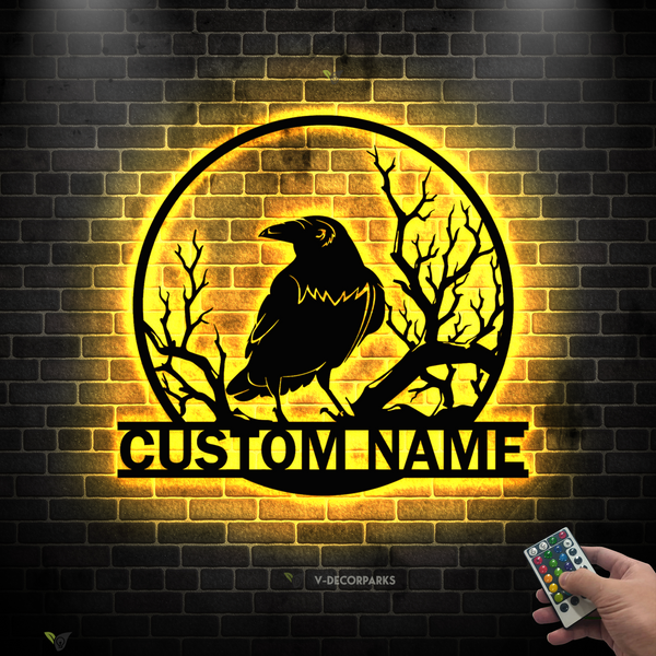 Custom Name Raven On Branch Metal Sign With Led Lights, Crow Moon Sign Raven Metal Wall Decor, Black Raven Metal Led Sign Home Decor