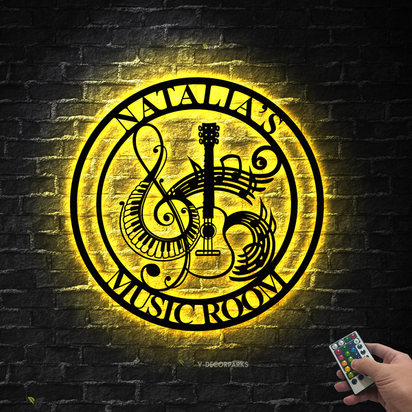 Custom Music Room Metal Sign With Led Lights, Guitar Piano Musical Instruments Metal Wall Art, Music Studio Monogram Metal Led Sign