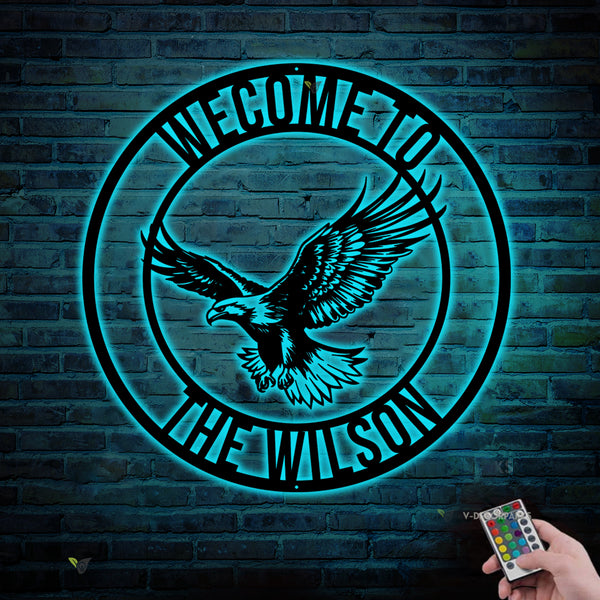 Custom Metal Eagle Monogram Sign With Led Lights, Personalized Family Name Eagle Metal Wall Art, Metal Eagle Sign Wall Hanging Home Decor