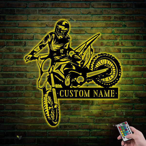 Custom Motocross Biker Metal Wall Art With Led Lights, Personalized Dirt Bike Metal Name Sign, Motorcycle Rider Metal Sign Wall Hanging Decor