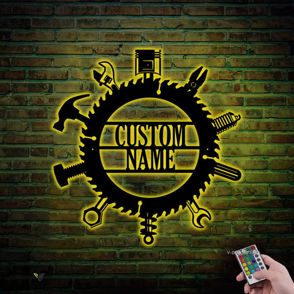 Custom Garage Metal Wall Art Led Lights, Personalized Mechanic Workshop Metal Name Sign, Mechanic Repair Garage Metal Wall Hanging Decor