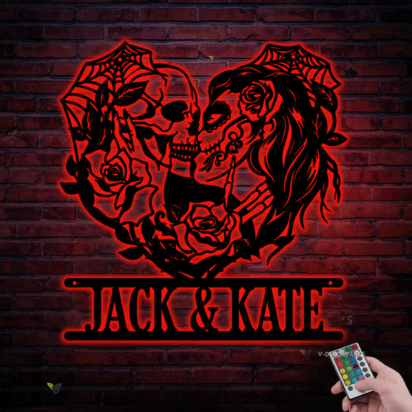 Custom Couple Sugar Skeleton Metal Wall Art Led Lights, Couple Sugar Skulls Rose Led Metal Sign, Soulmate Forever Sugar Skull Love Metal Sign
