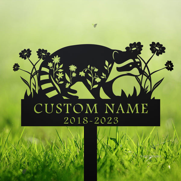 Personalized Floral Raccoon Memorial Metal Stake, Raccoon Sympathy Metal Garden Stake, Raccoon Metal Grave Marker, Pet Loss Remembrance Stake
