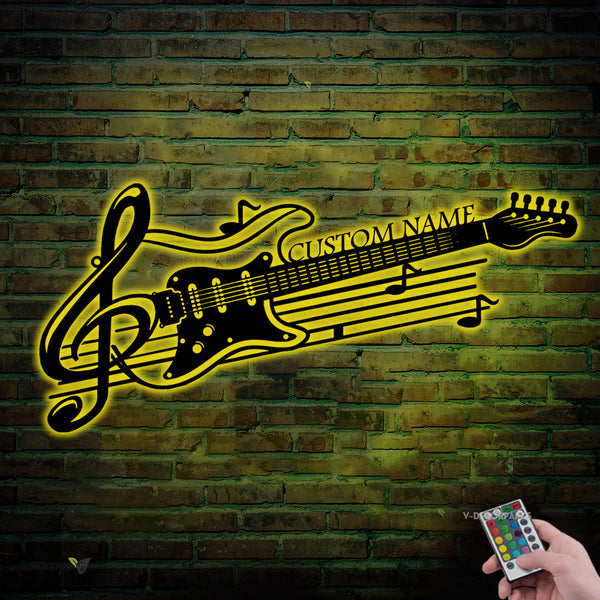 Custom Electric Guitar Metal Sign With Led Lights, Personalized Guitarist Metal Name Sign, Rock N Roll Guitar Music Studio Metal Wall Decor