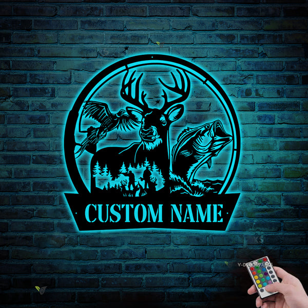 Custom Pheasant Deer Hunting Fishing Metal Sign Led Lights, Personalized Name Hunter Metal Sign, Wildlife Hunting Outdoor Metal Wall Art Decor