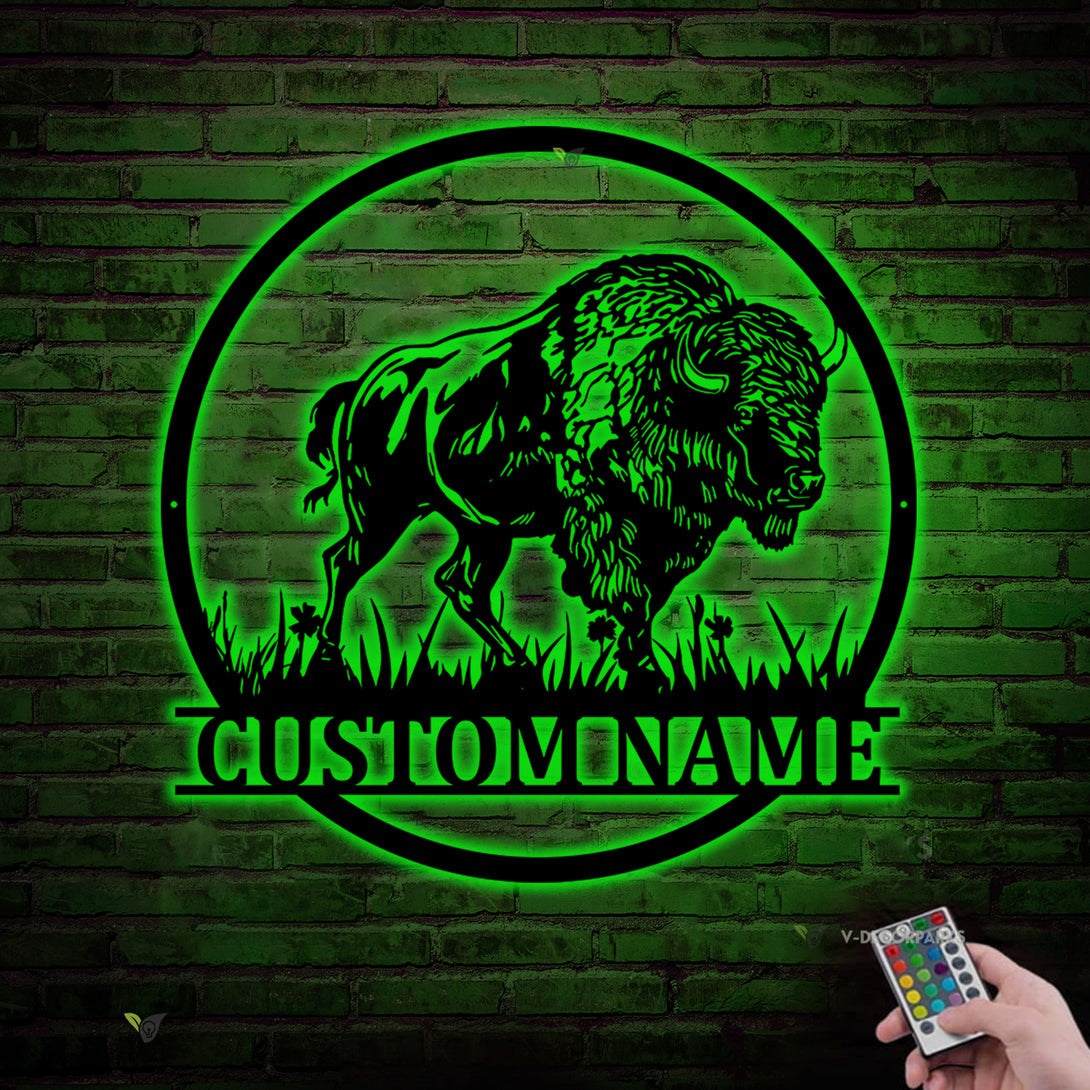 Custom Bison Farmhouse Metal Wall Art Led Lights, Personalized Buffalo Bison Metal Farm Name Sign, Bison Cow Barn Metal Wall Hanging Sign
