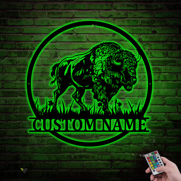 Custom Bison Farmhouse Metal Wall Art Led Lights, Personalized Buffalo Bison Metal Farm Name Sign, Bison Cow Barn Metal Wall Hanging Sign
