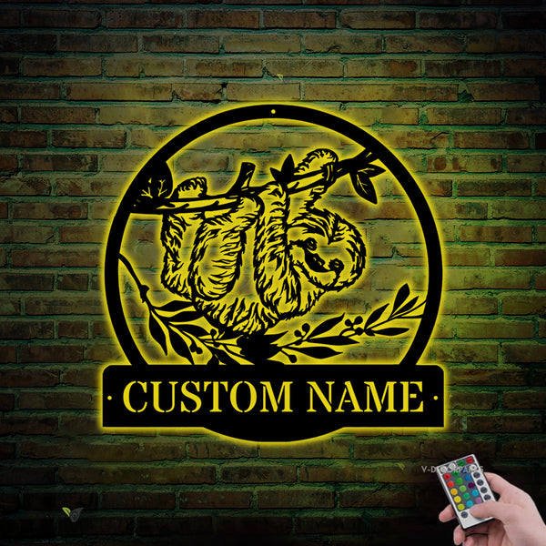 Custom Name Sloth Monogram Metal Sign With Led Lights, Personalized Name Hanging Sloth Metal Wall Art, Lazy Sloth Metal Wall Hanging Home Decor