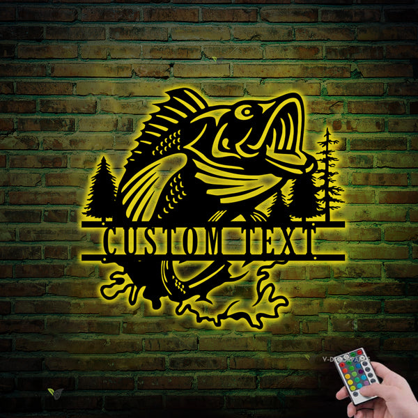 Cutom Name Bass Fish Metal Wall Art Led Lights, Personalized Fisherman Metal Name Sign, Bass Fishing Metal Art, Metal Fishing Outdoor Cabin Sign