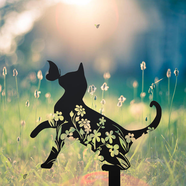 Custom Floral Cat With Butterfly Memorial Stake, Personalized Cat Memorial Metal Garden Sign, Cat Metal Grave Markers, Pet Loss Sympathy Sign