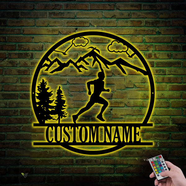 Custom Man Trail Running Metal Wall Art Led Lights, Personalized Runner Metal Name Sign Home Decor, Marathon Running Lover Metal Home Decor