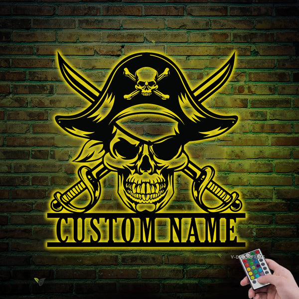 Custom Name Pirate Skull Metal Wall Art Led Lights, Personalized Skull Pirate Metal Name Sign Home Decor, Skeleton Pirate Metal Sign Art