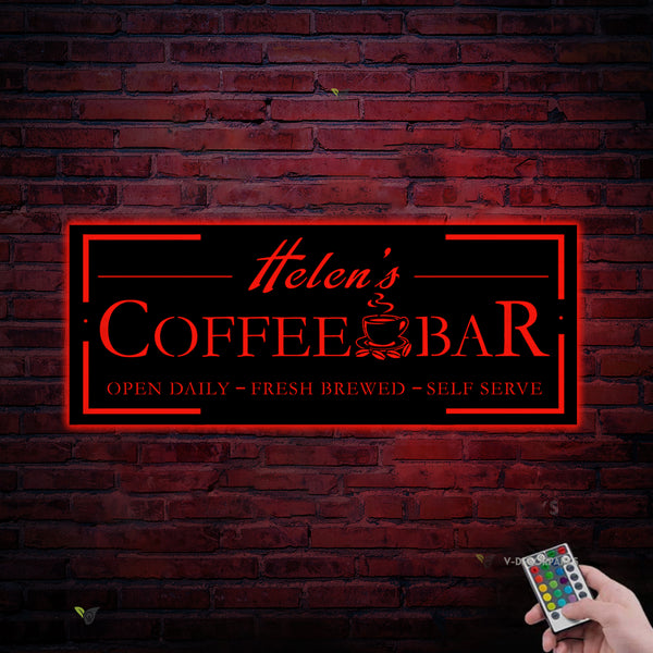 Personalized Coffee Bar Metal Wall Art With Led Lights, Custom Coffee Bar Metal Name Sign, Coffee Shop Home Kitchen Metal Patio Decor