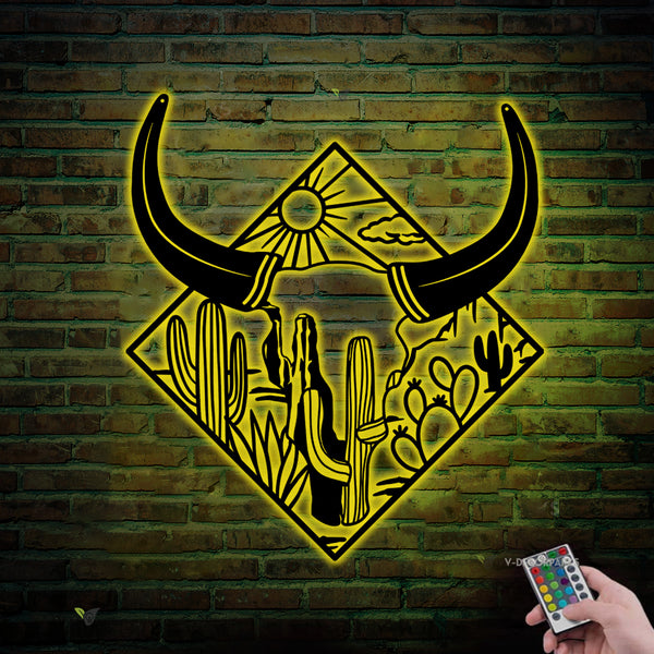 Cow Skull Cactus Desert Metal Wall Art Led Lights, Floral Boho Buffalo Longhorn Metal Sign Home Decor, Western Cattle Skull Metal Wall Sign Decor