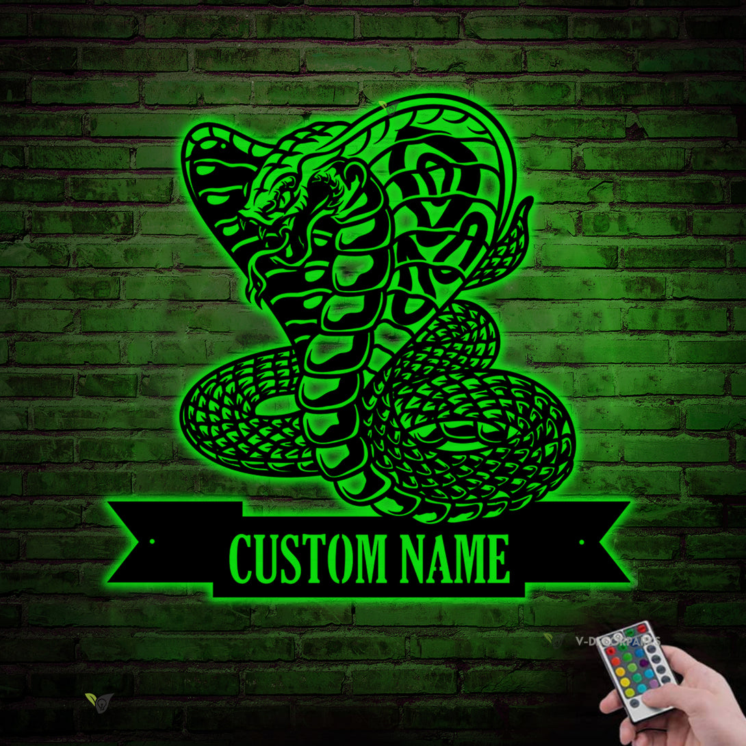 Custom King Cobra Snake Metal Wall Art Led Lights, Personalized Name Cobra Rattlesnake Metal Sign Home Decor, King Cobra Metal Wall Hanging Sign
