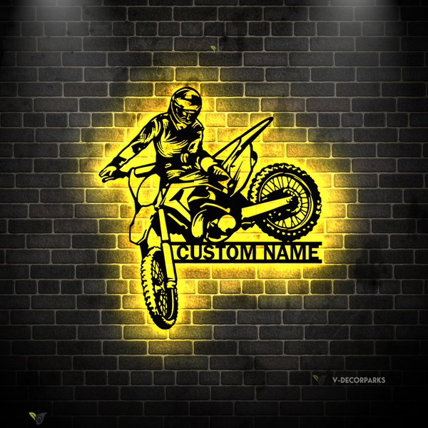 Personalized Dirt Bike Metal Wall Art With Led Lights, Custom Motocross Biker Metal Name Sign, Motorcycle Rider Metal Wall Hanging Decor