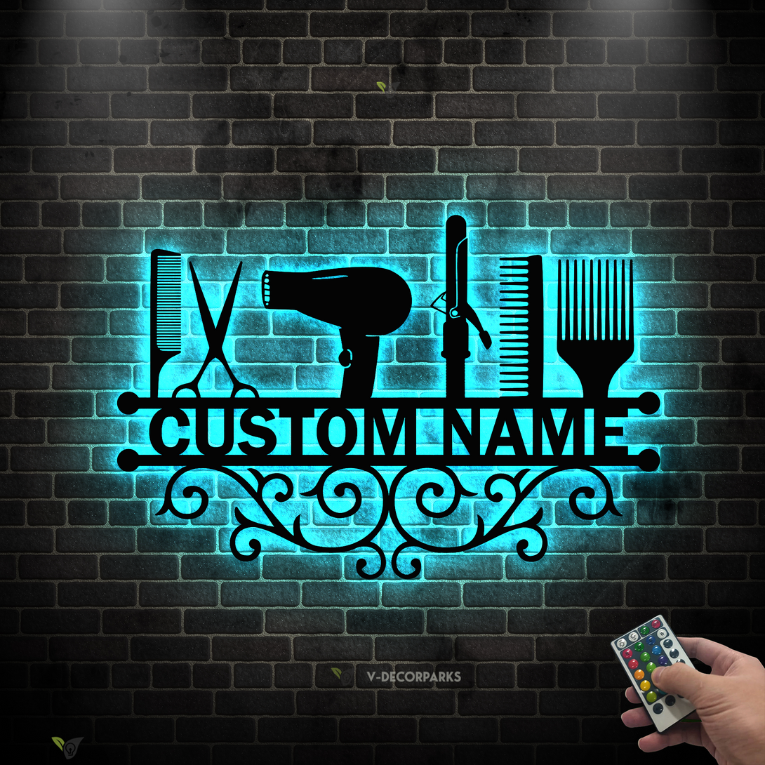 Personalized Hair Stylist Metal Sign With Led Lights, Custom Name Hair Salon Metal Wall Art, Shop Hair Cut Metal Decor, Barber Shop Metal Sign