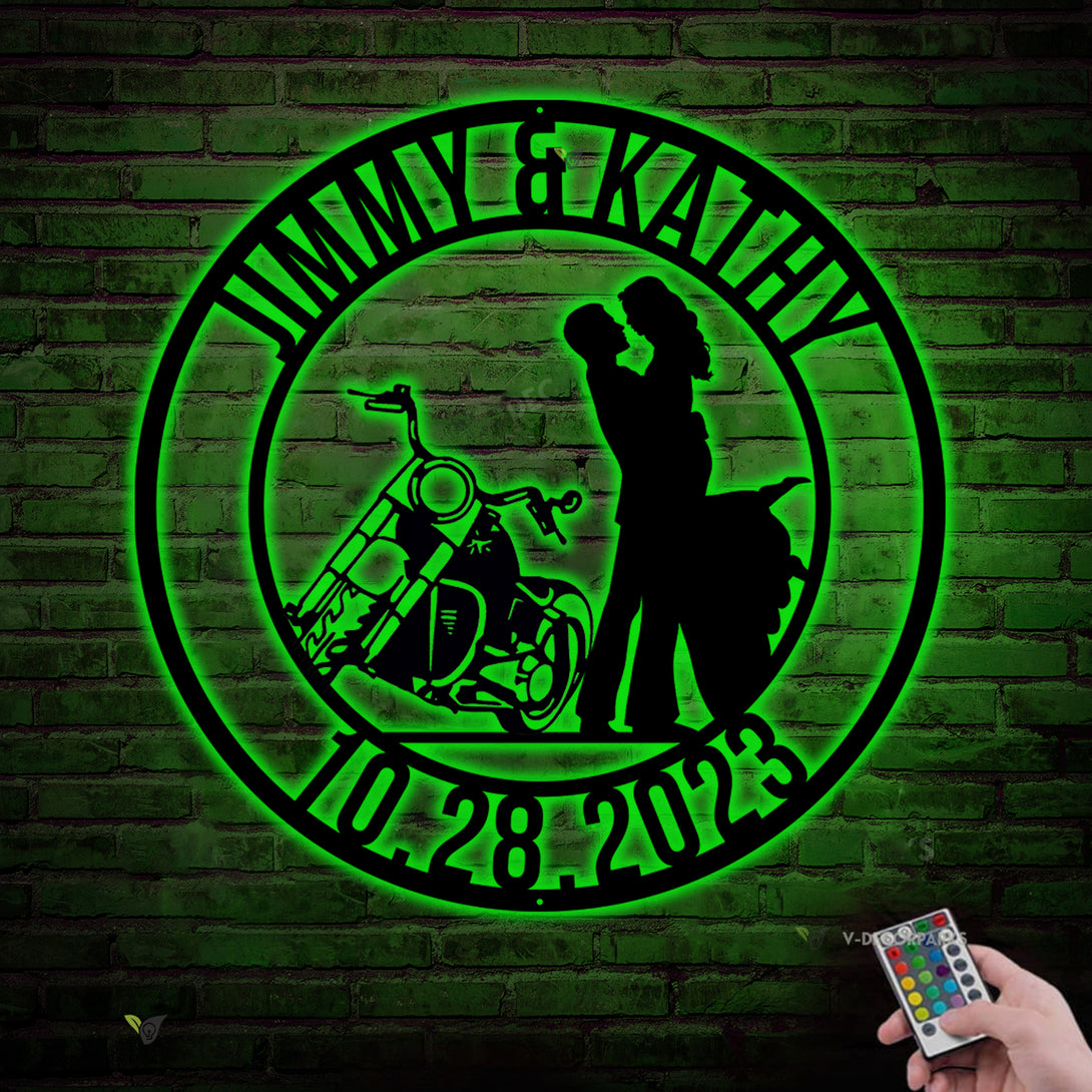Custom Couple Motorcycle Metal Wall Art With Led Lights,personalized Motorcycle Biker Couple Metal Name Sign, Wedding Anniversary Metal Sign Art