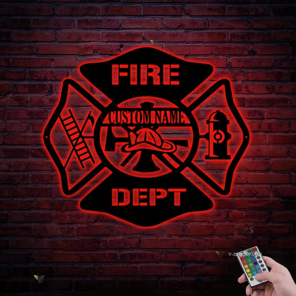 Custom Firefighter Maltese Cross Metal Sign With Led Lights, Personalized Name Fireman Fire Rescue Metal Sign, Fire Department Metal Wall Art
