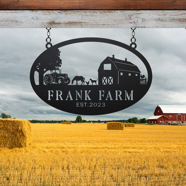 Custom Name Farmhouse Metal Wall Art, Personalized Farm Barn Tractor Metal Entrance Sign, Farm Animals Metal Sign Outdoor Decor