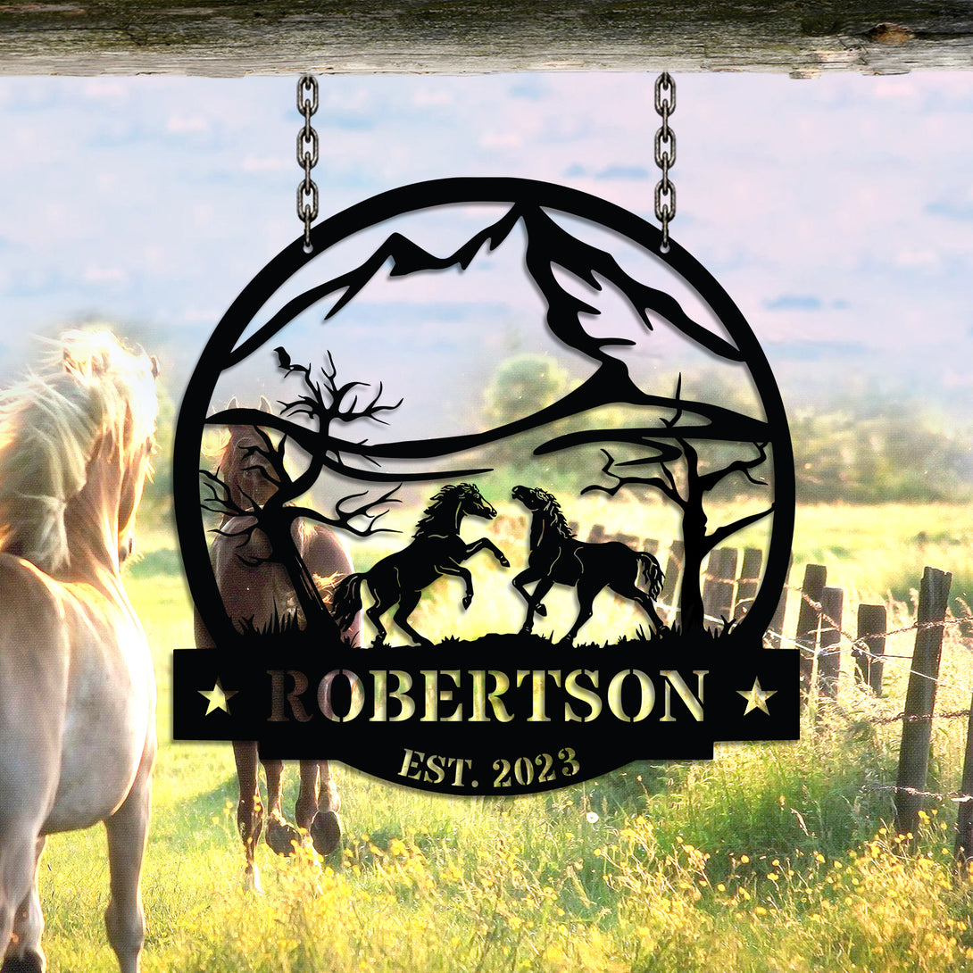 Custom Wild Horse Metal Name Sign, Personalized Horse Farm Metal Sign, Wildlife Horse Ranch Barn Metal Entrance Sign, Horse Stable Metal Sign