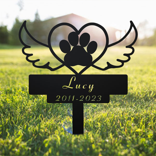 Custom Heart Paw Print With Wings Memorial Metal Stake, Pet Loss Remembrance Sign, Pet Memorial Metal Grave Marker, Pet Sympathy Metal Yard Sign