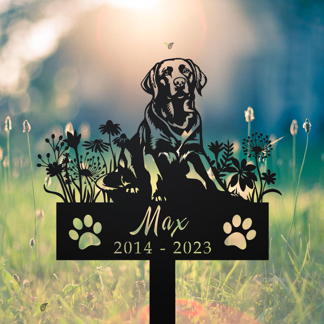 Personalized Labrador Dog Memorial Garden Stake, Dog With Flowers Metal Grave Marker, Pet Loss Remembrance Stake, Sympathy Metal Garden Sign