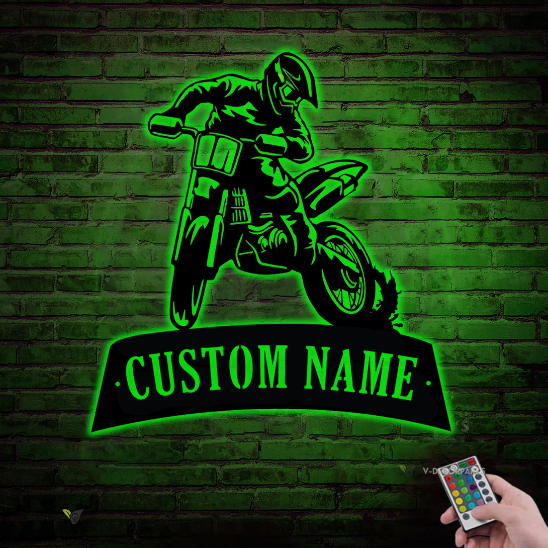 Custom Name Dirt Bike Metal Sign With Led Lights, Personalized Motocross Biker Name Metal Sign At, Motorcycle Garage Mancave Metal Wall Art Decor