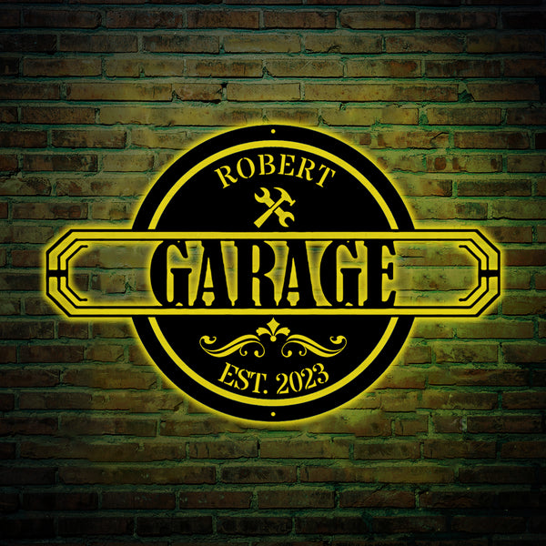 Personalized Name Garage Metal Sign With Led Lights, Custom Name Papa's Garage Metal Wall Hanging Decor, Papa Workshop Garage Metal Wall Art