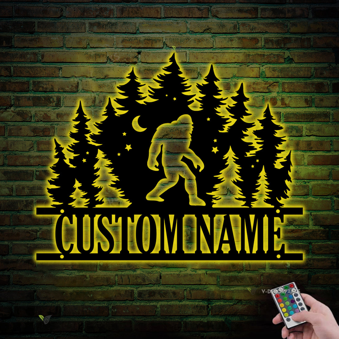 Custom Forest Bigfoot Metal Wall Art Led Lights, Personalized Sasquatch Metal Name Sign, Yeti Bigfoot In Forest Metal Sign Lodge Cabin Decor