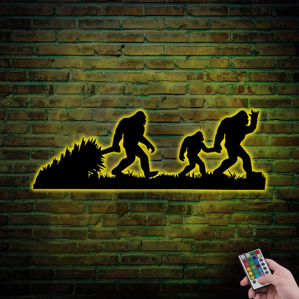 Custom Bigfoot Family Metal Sign Led Lights, Family Sasquatch Bigfoot Walking Metal Wall Art, Personalized Bigfoot Cabin Lodge Metal Wall Decor