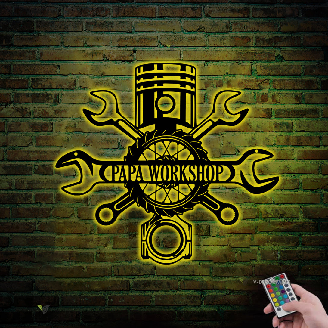 Personalized Mechanic Workshop Metal Sign With Led Lights, Custom Name Garage Metal Wall Art, Mechanic Tools Repair Man Cave Metal Sign