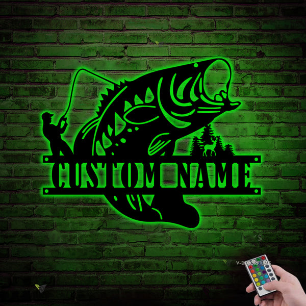 Custom Name Fishing Metal Wall Art With Led Lights, Personalized Fisherman Metal Name Sign, Fishing Hunting Metal Sign Cabin Outdoor Decor
