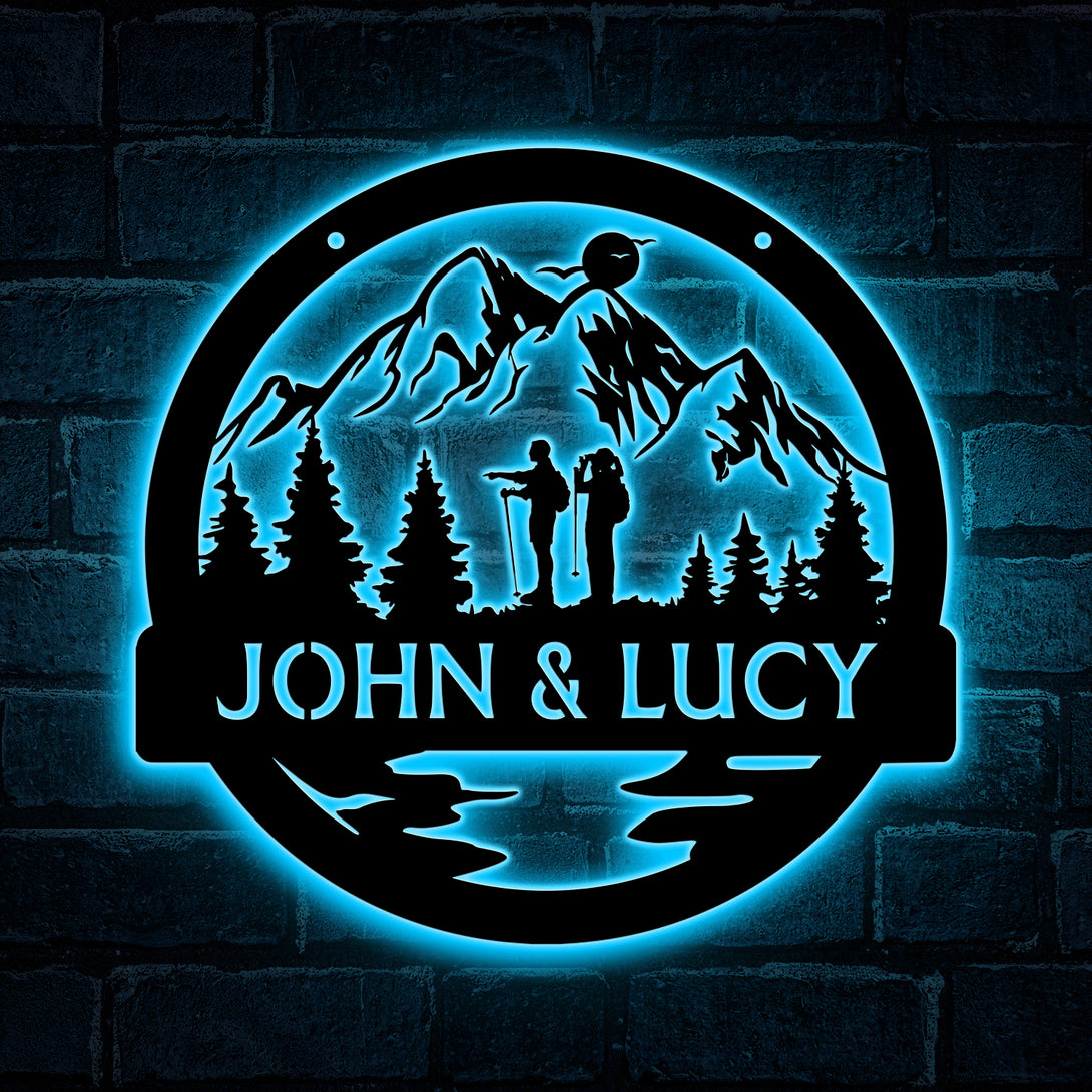Hiking Couple Monogram Metal Wall Art Led Lights, Couple Hiking Great Outdoor Metal Sign, Custom Name Metal Hiking Sign, Mountain Hiking Sign