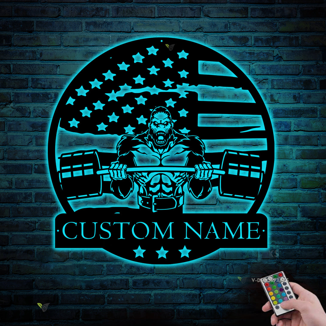 Custom Us Gozilla Fitness Workout Metal Wall Art With Led Lights, Personalized Gymer Metal Name Sign, Bodybuilding Home Gym Fitness Metal Sign