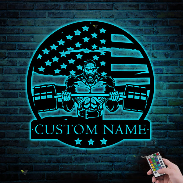 Custom Us Gozilla Fitness Workout Metal Wall Art With Led Lights, Personalized Gymer Metal Name Sign, Bodybuilding Home Gym Fitness Metal Sign