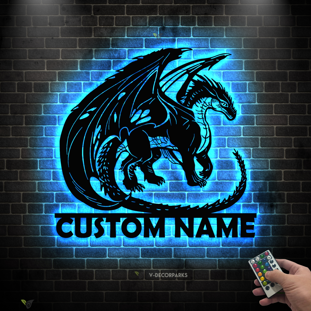 Personalized Mythical Dragon Metal Wall Art With Led Lights, Custom Name Dragon Metal Sign Home Decor, Mythology Dragon Metal Wall Hanging Sign