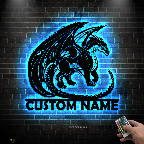 Personalized Mythical Dragon Metal Wall Art With Led Lights, Custom Name Dragon Metal Sign Home Decor, Mythology Dragon Metal Wall Hanging Sign