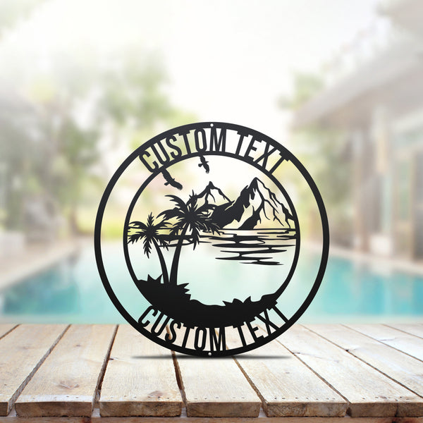 Personalized Family Name Tropical Palm Tree Metal Sign, Custom Poolside Patio Metal Wall Art, Welcome To The Patio Sign, Backyard Tiki Bar Sign
